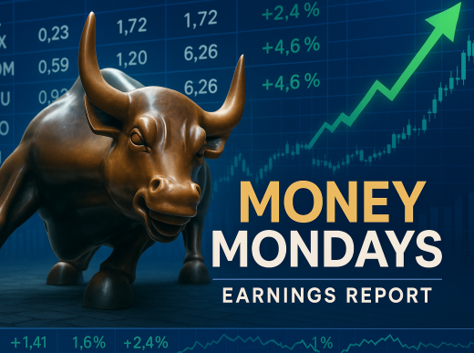 Money Mondays Q3 2025 US Stock Market Earnings Report with Wall Street bull and rising charts