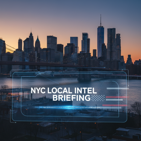 NYC Local Intel Briefing - Manhattan skyline with Brooklyn Bridge at dawn, professional news graphics overlay
