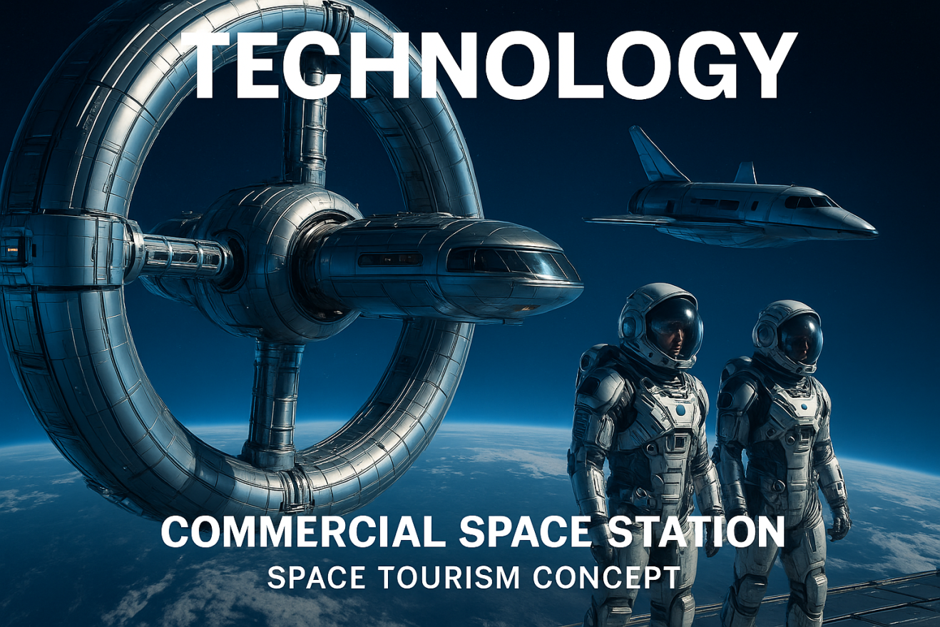 Commercial space station in orbit with space tourism concept