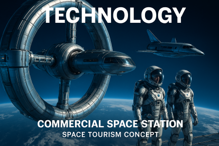 Commercial space station in orbit with space tourism concept