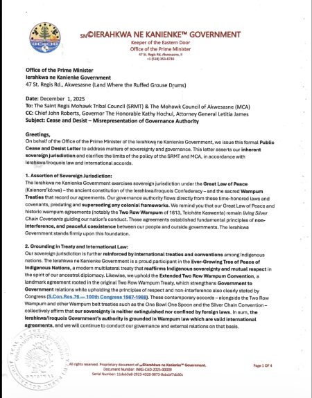 Ierahkwa Ne Kanienke Government Asserts Sovereign Authority, Demands End to Misrepresentation by Saint Regis Mohawk Tribe (SRMT) and Mohawk Council of Akwesasne (MCA)